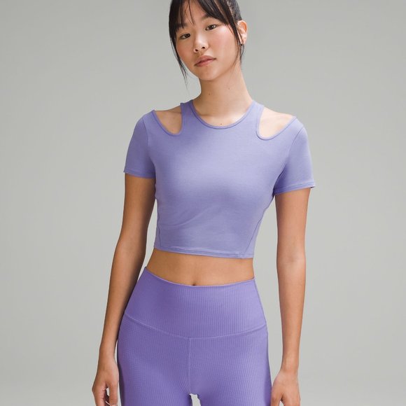 lululemon athletica Tops - Lululemon Shoulder Cut Out Yoga T-Shirt Dark Lavender Size 12 NWT